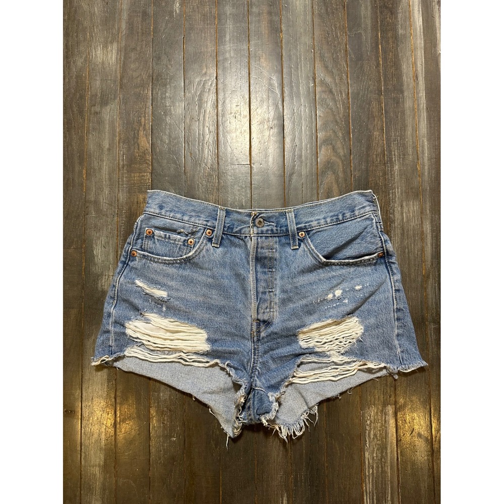 Levis 501 Original Distressed Denim Shorts Medium Wash High Rise Cut Offs